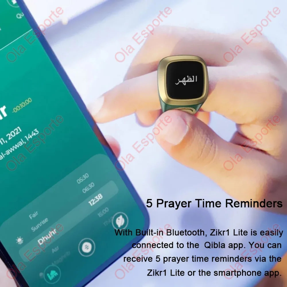Compteur de doigts intelligent Qibla Tasbih pour musulmans Zikr Ring Digital Tasbeeh Rappel de vibration des 5 heures de prière Étanche Qibla Subhah