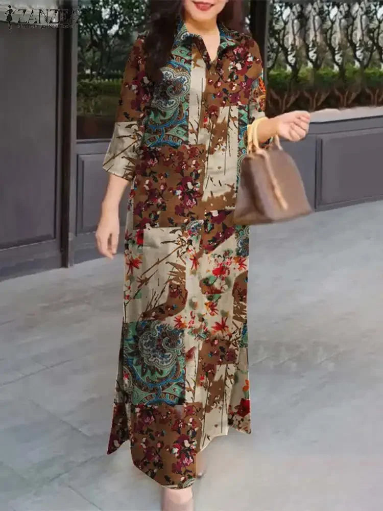 ZANZEA Robe longue à manches 3/4 pour femme, collection automne 2024, robe-chemise en coton avec col à revers, imprimé floral vintage, robe longue, nouveauté