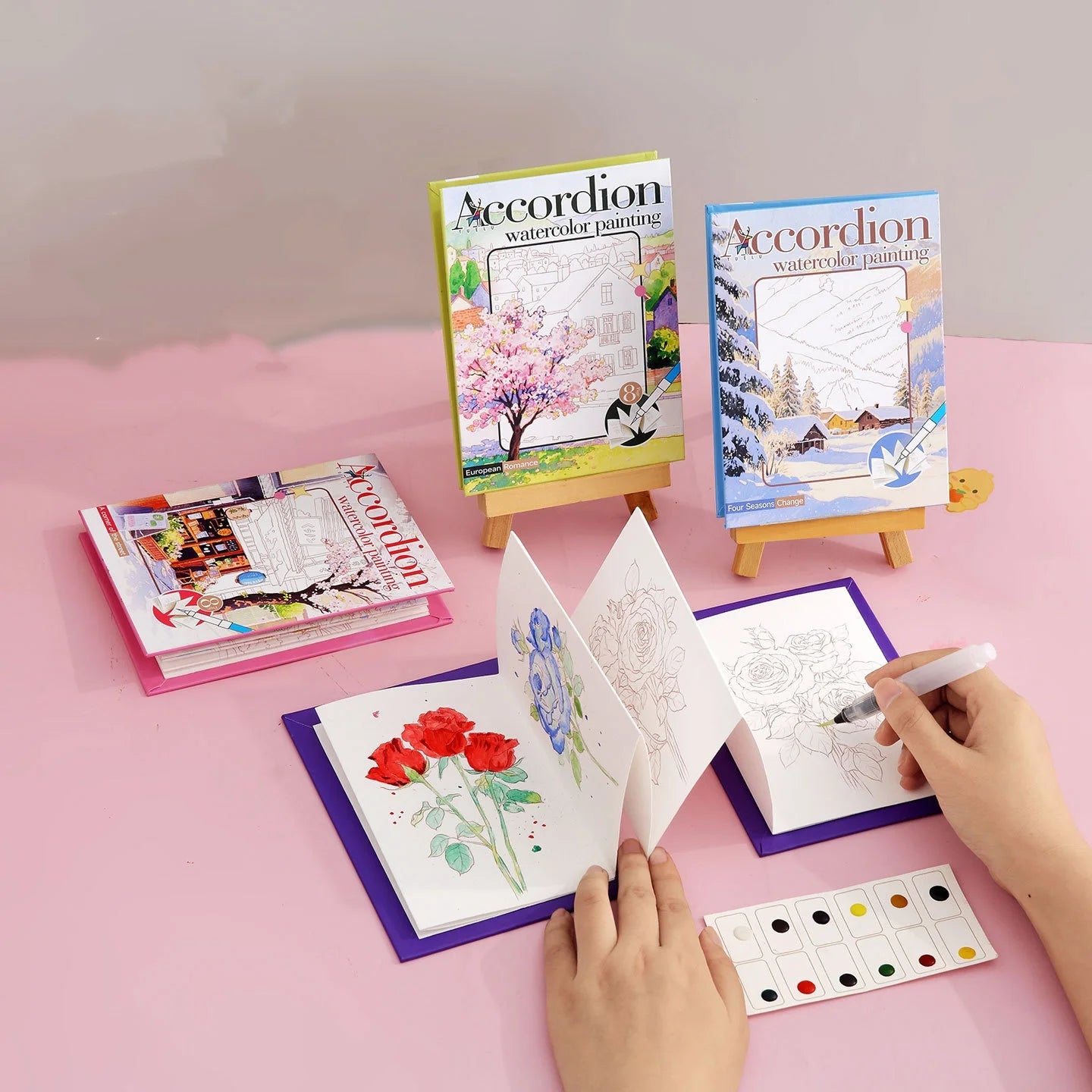 Aquarell-Malbuch mit integrierter Palette, Pop-up-Papier und Farben – Geschenk für junge Künstler und Doodle-Liebhaber