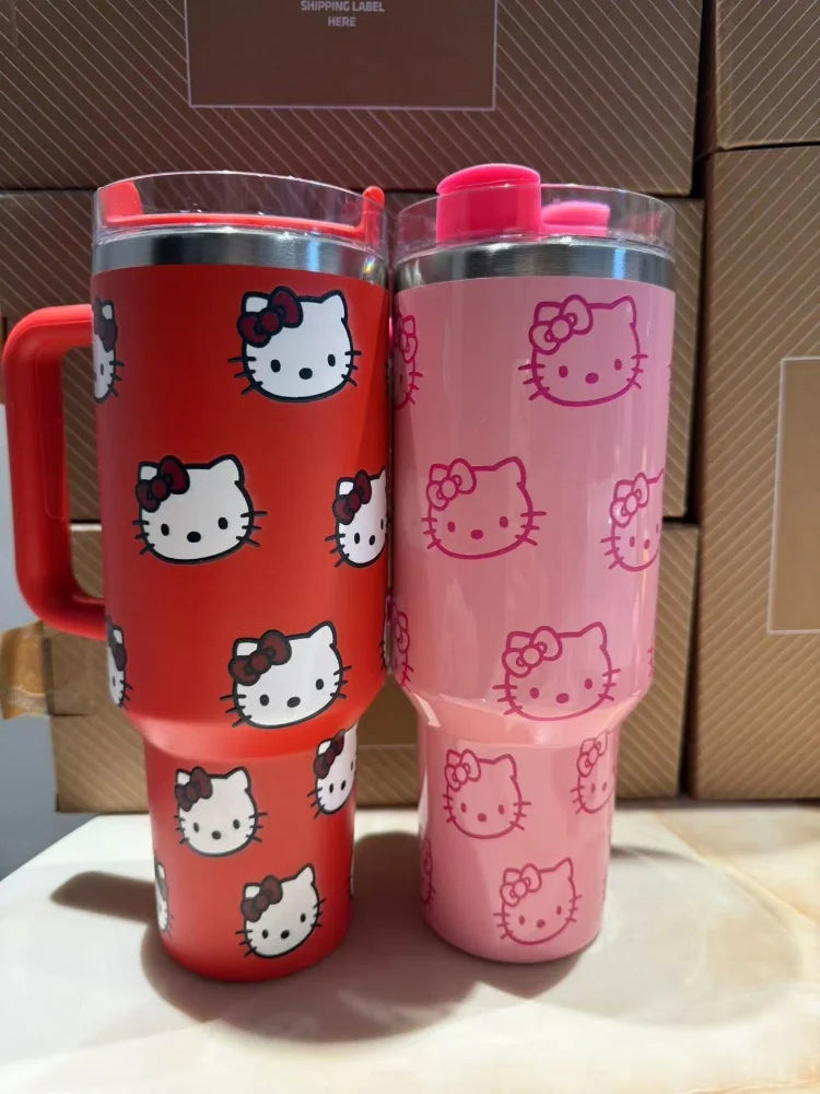 Kawaii Hello Kitty 40oz Edelstahl-Vakuumbecher Anime mit Griff Strohhalmbecher Kaffeetasse mit Verpackungskarton Schnelle Lieferung
