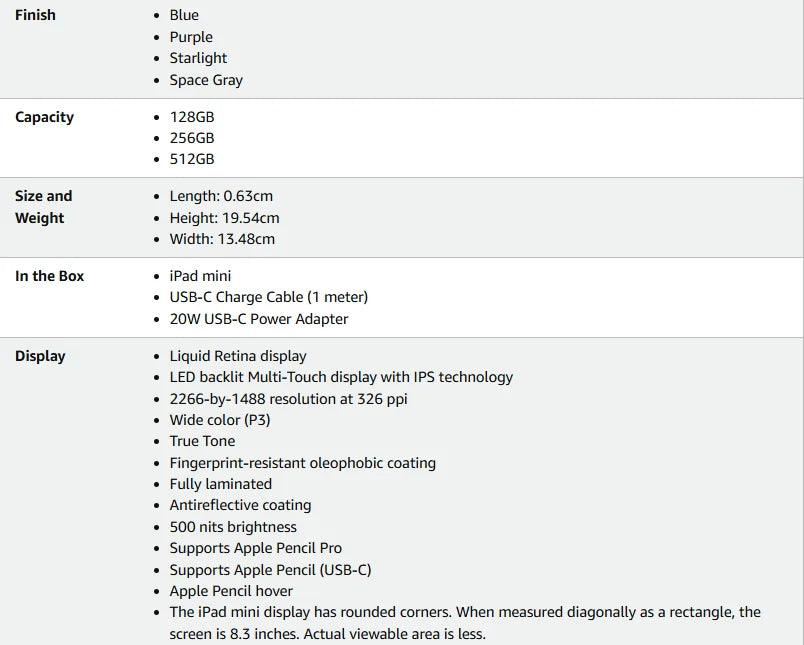 IPad Mini 7 A17 Pro 8,3 pouces 128 Go/256 Go/512 Go WiFi Cellulaire Touch ID, eSIM, CPU 6 cœurs, GPU 5 cœurs, Neural Engine 16 cœurs d'origine.