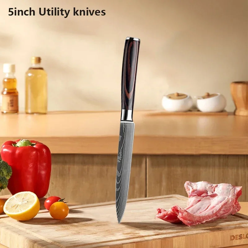 Couteau de Chef Damas Ensemble de Couteaux de Cuisine Professionnels Couteau à Désosser Couteau de Boucher Couteau Utilitaire Couteau Santoku Japonais avec Housse