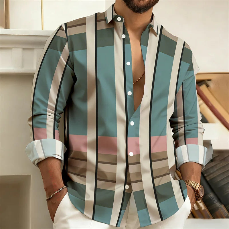 Chemise Homme à Rayures Color Block Manches Longues, Chemise Décontractée Business Style Rétro, Haut Tendance Homme Coupe Slim, Tailles S-6XL