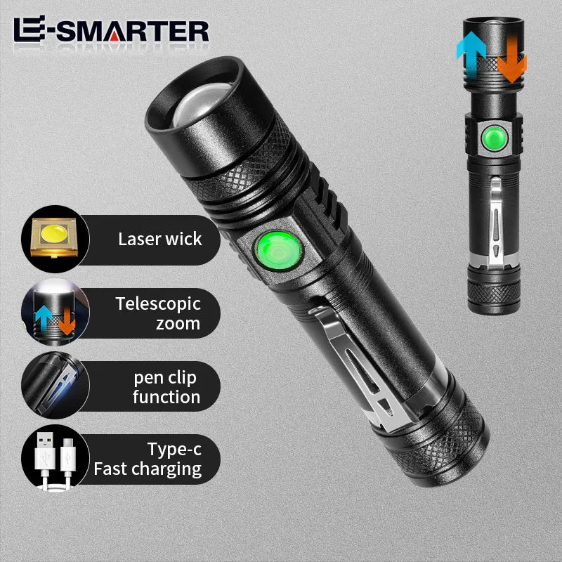 Lampe de poche rechargeable ESMARTER U518, outil d'éclairage de nuit pour l'extérieur, équipée d'une batterie au lithium 18650