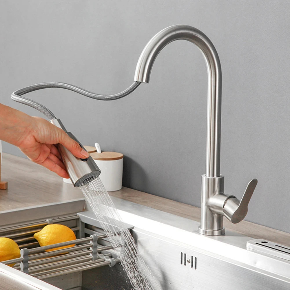 Küchenarmaturen Gebürstet Nickel Ausziehbare Küchenspüle Wasserhahn Deckmontierter Mischbatterie Strahlbrausekopf Heiß Kalt Armaturen Silber