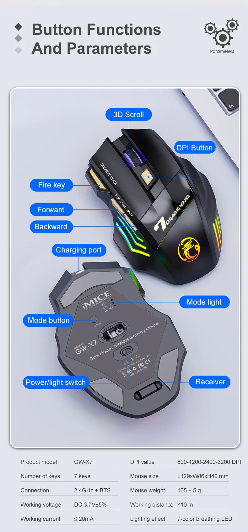 UTHAI GW-X7 Laptop Zubehör 7-Tasten Double Tap Free 2.4G Silent Wiederaufladbare Bunte Atmende Licht Drahtlose Gaming Maus