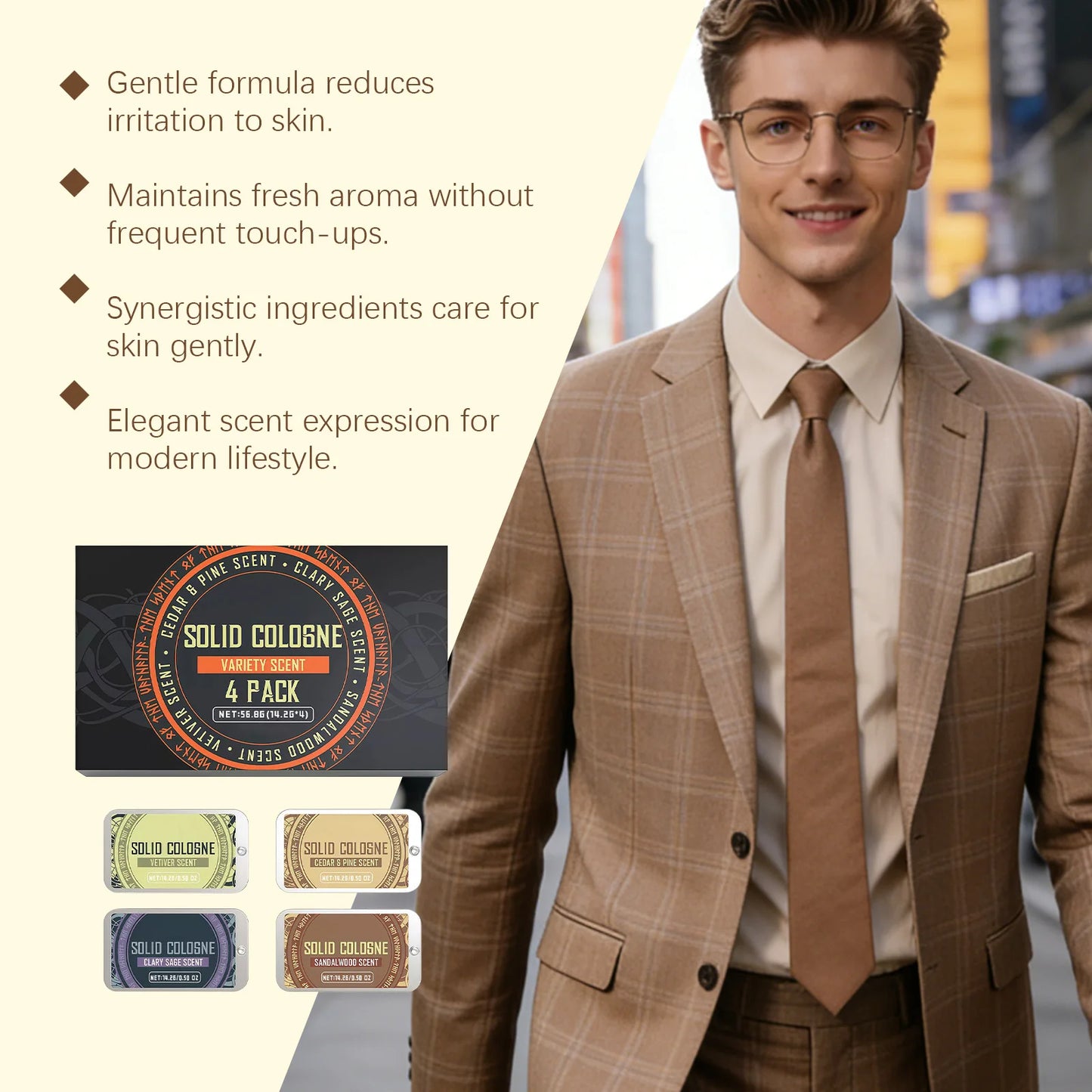 4In1 Pheromon Festes Kölnisch Wasser Set Holziger Duft Lang anhaltender natürlicher Duft Verströmt Charme und Selbstvertrauen Taschen-Deodorant Festbalsam