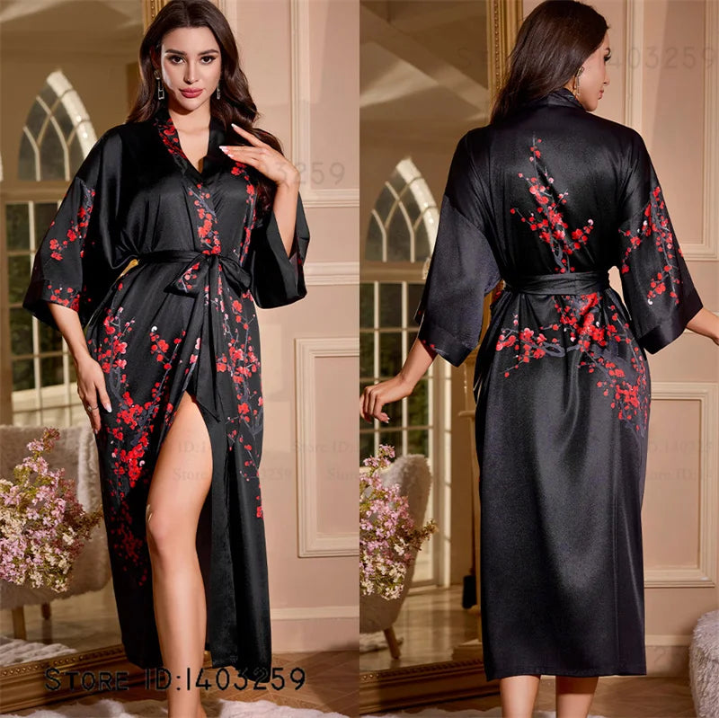 Großer Kimono Bademantel Blütenmuster Langer Morgenmantel Negligé Hauskleidung Frühling Sommer Neue Nachtwäsche Lose Pyjamas