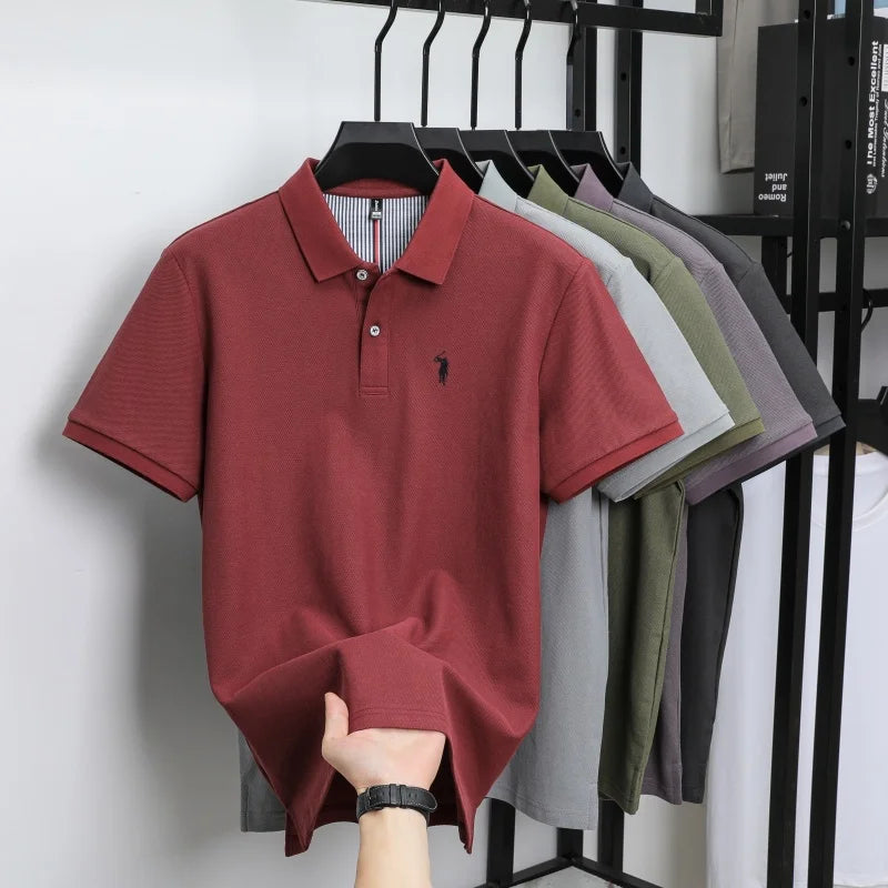 T-shirt polo d'affaires d'été décontracté ample brodé de marque de luxe haut de gamme en coton pur à 100 % pour homme à manches courtes respirant