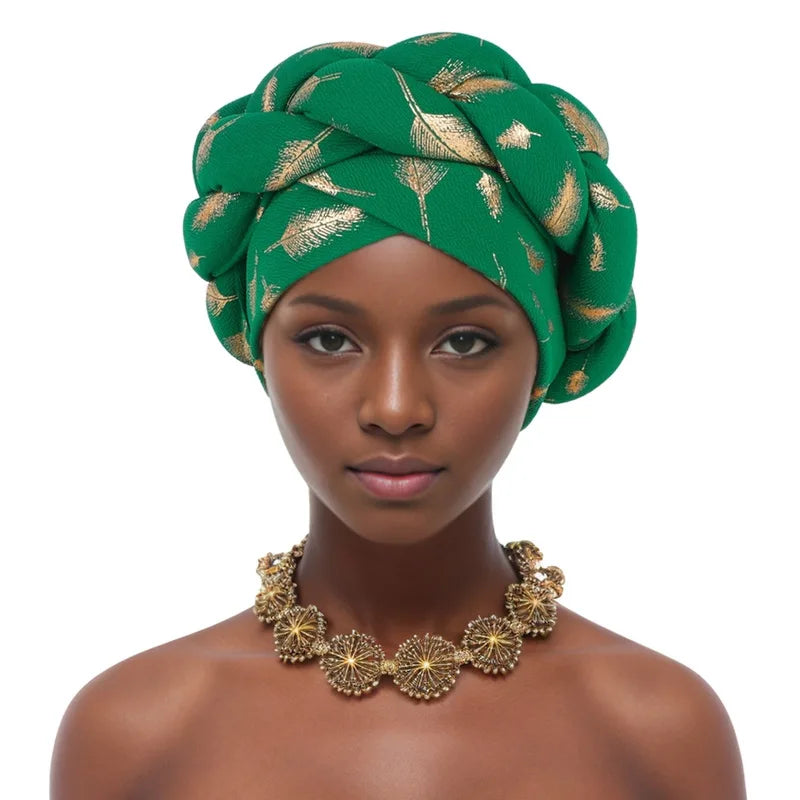 Afrikanische Bronzierung Kopfwickel Zopf Turban Kappen für Frauen Nigeria Hochzeit Geles Party Kopfbedeckung Haarteil Auto Gele Weibliche Kopfbedeckungen