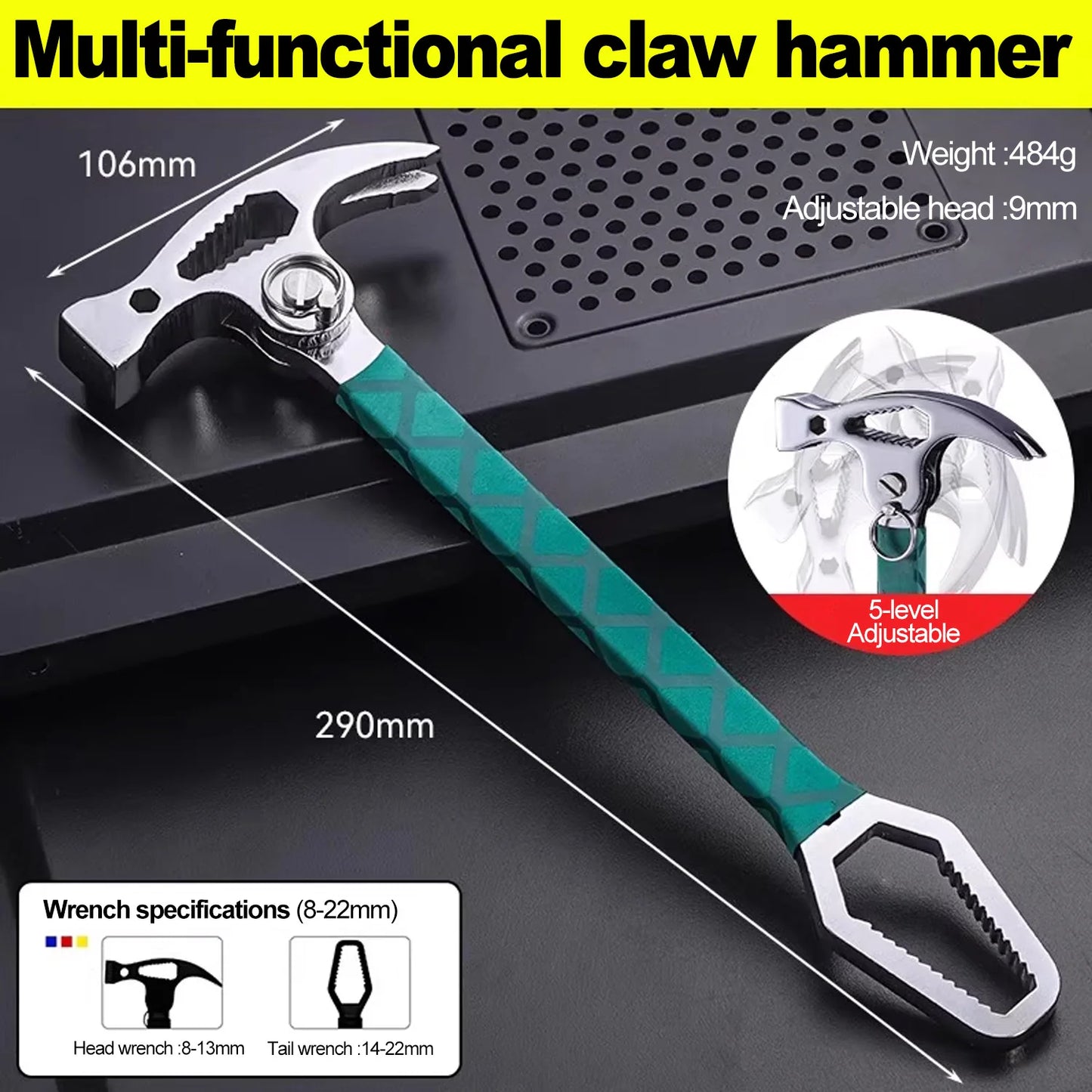 Multifunktionaler Schafshornhammer, angeschlossener Hammer, universeller Schraubenschlüssel, Brecheisen, Nagelheber, Holzbearbeitungshammer, klappbarer Schafshornhammer