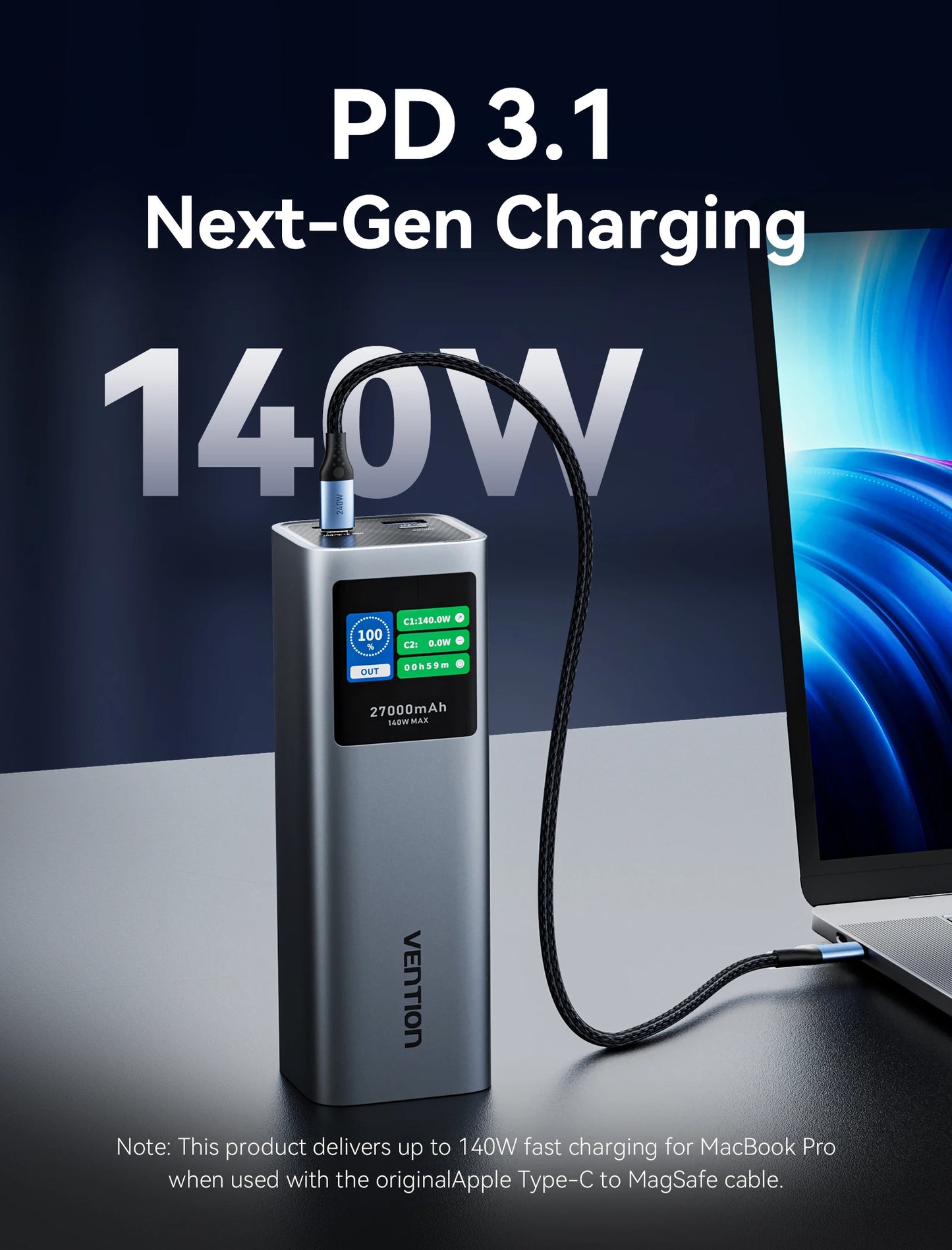 Vention 140W Powerbank 27000mAh PD3.1 Schnellladung für iPhone 17 16 Samsung S25 S24 Tragbare Powerbank für Laptops Macbook Pro