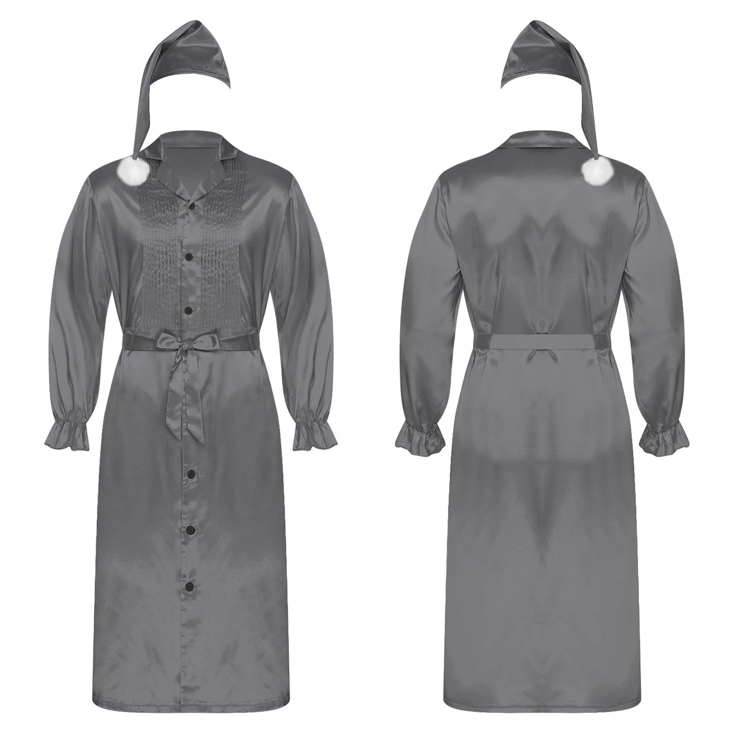 Herren Sissy Pyjama Satin-Nachtwäsche Nachthemd mit Schlafhaube Langarm Rüschenmanschetten Plissierter Brustumhang mit Gürtel Vintage