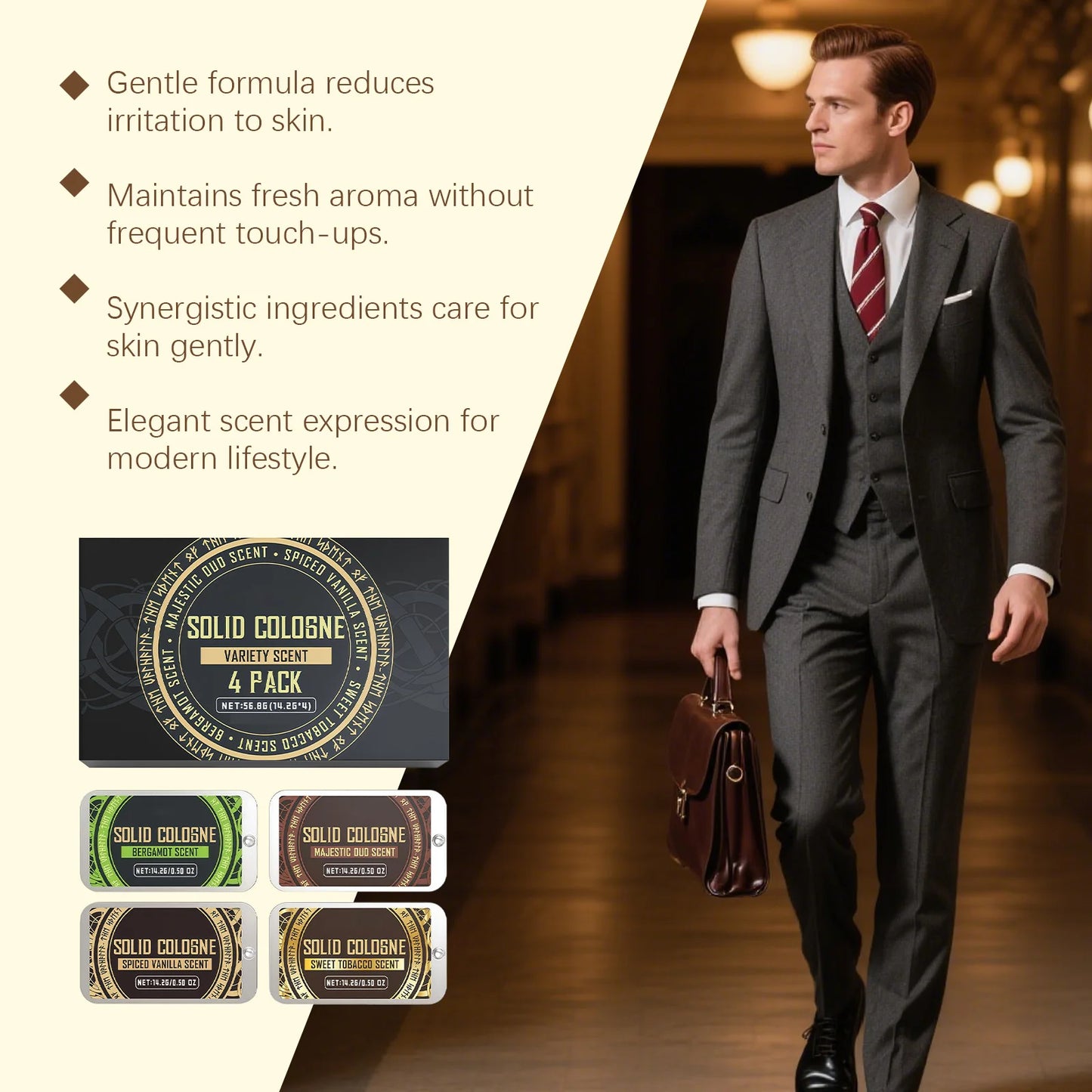 4In1 Pheromon Festes Kölnisch Wasser Set Holziger Duft Lang anhaltender natürlicher Duft Verströmt Charme und Selbstvertrauen Taschen-Deodorant Festbalsam