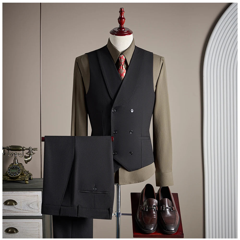 Ensemble de costume trois pièces en laine haut de gamme pour homme, élégant et décontracté, de couleur unie, idéal pour banquets et mariages.