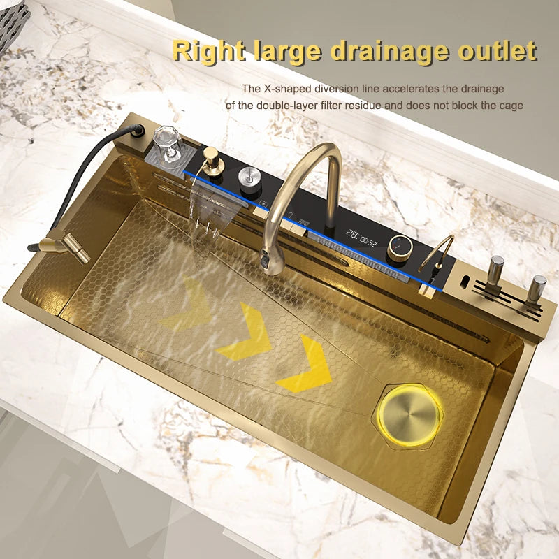 Goldfarbene Edelstahl-Küchenspüle mit Wasserfallauslauf, großes Einzelbecken, Digitalanzeige, Spül- und Gemüsebecken