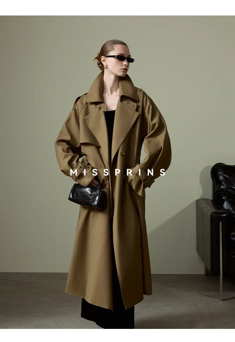 Lautaro Frühling Herbst Langer Khaki Trenchcoat für Damen Gürtel Zweireiher Schick Luxus Designer Europäische Mode Kleidung 2025