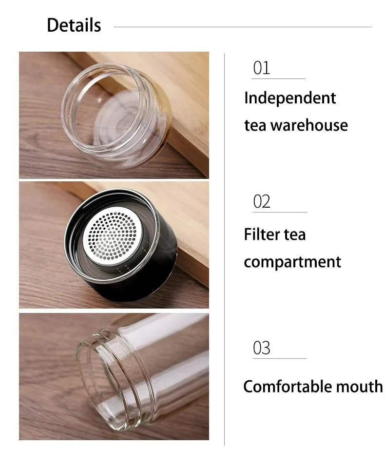 Bouteille d'eau à thé 420 ml en verre borosilicate double paroi avec infuseur pour thé, tasse à thé, gobelet, boisson avec filtre à thé