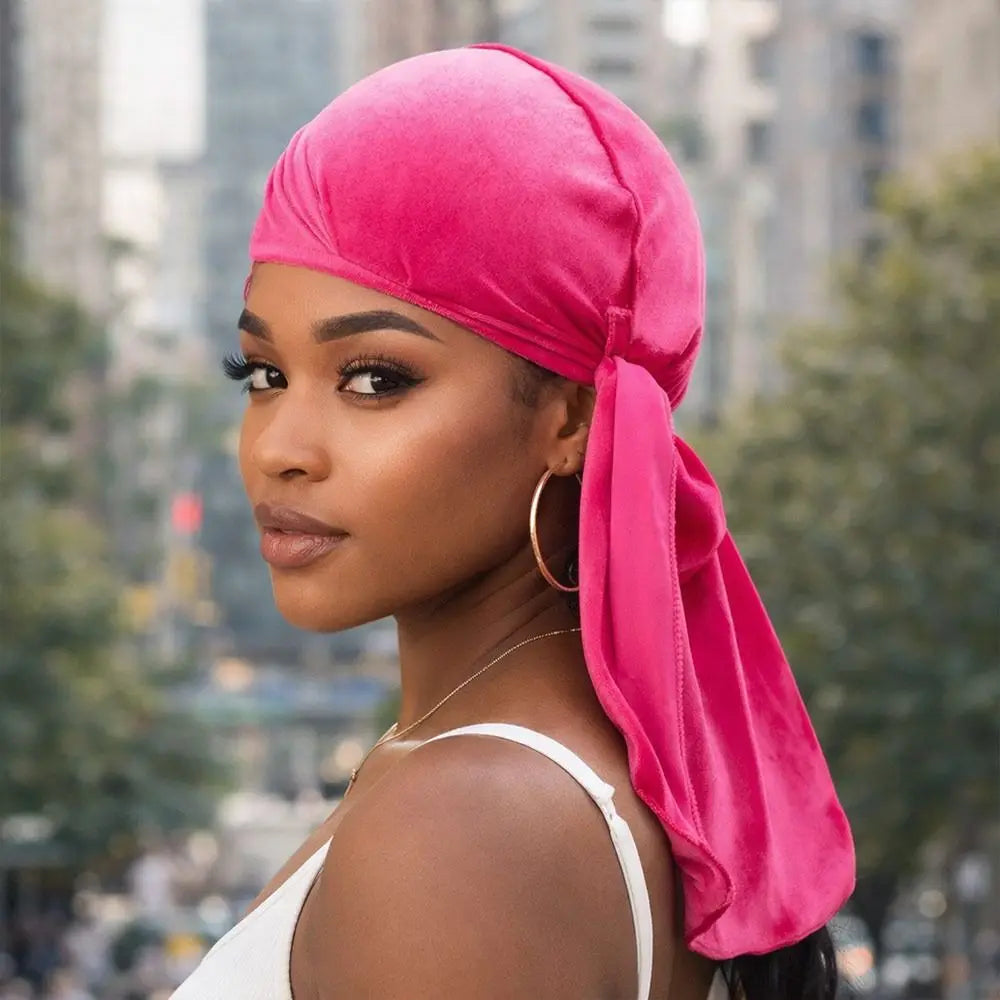 Nouveaux Durags en Velours Casquettes Longue Queue Chapeau Turban Respirant Bandeau Élastique Réglable Accessoires pour Cheveux