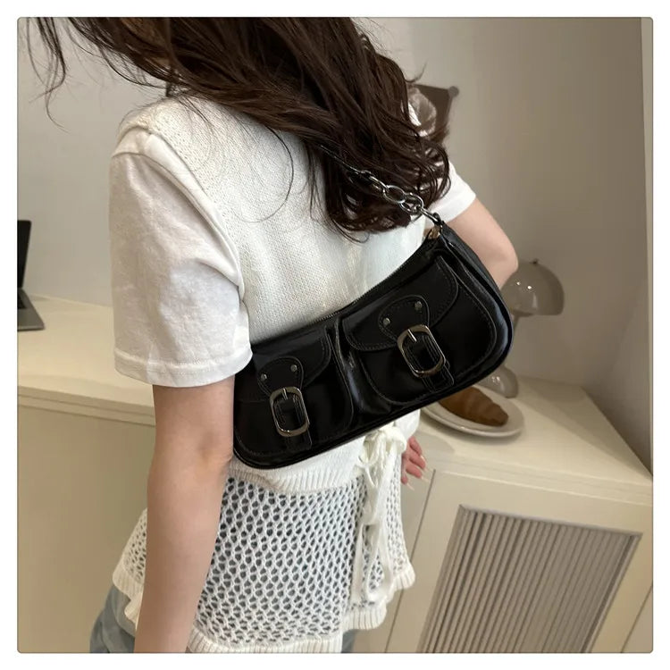 Fashion PU-Leder Damen Umhängetasche Kleine Doppel-Taschen Design Damen Achseltaschen Y2k Vintage Weibliche Handtaschen Clutch Geldbörse
