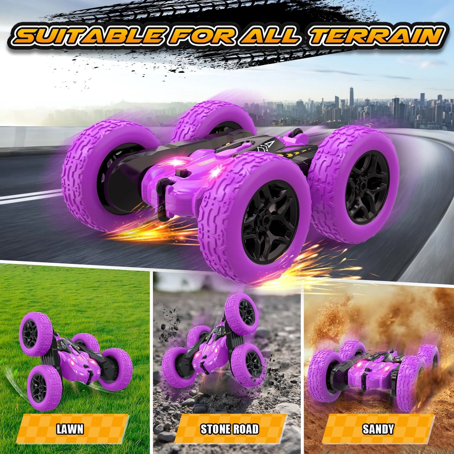 RC Stunt Car 360-Grad-Rotation, 2.4GHz doppelseitig fahrbar, Grün/Lila/Blau, Kinderspielzeug für Outdoor-Spiele
