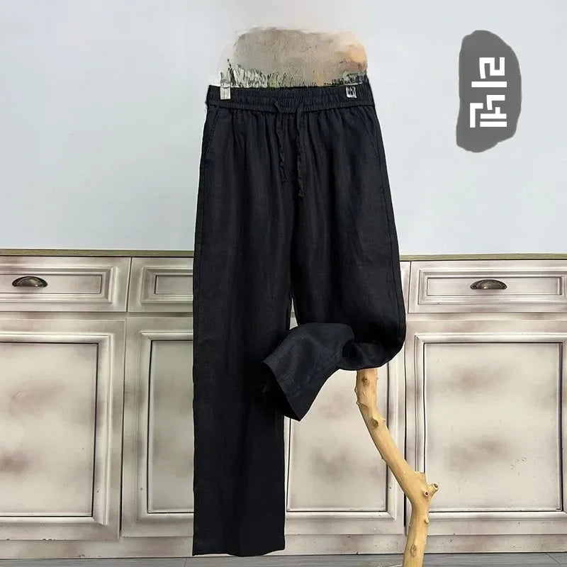 Hochwertige reine Leinenhose für Herren Sommer Baumwoll-Leinen Loose Straight Leg Freizeit lange Hose Frühling Herbst Bequem Atmungsaktiv