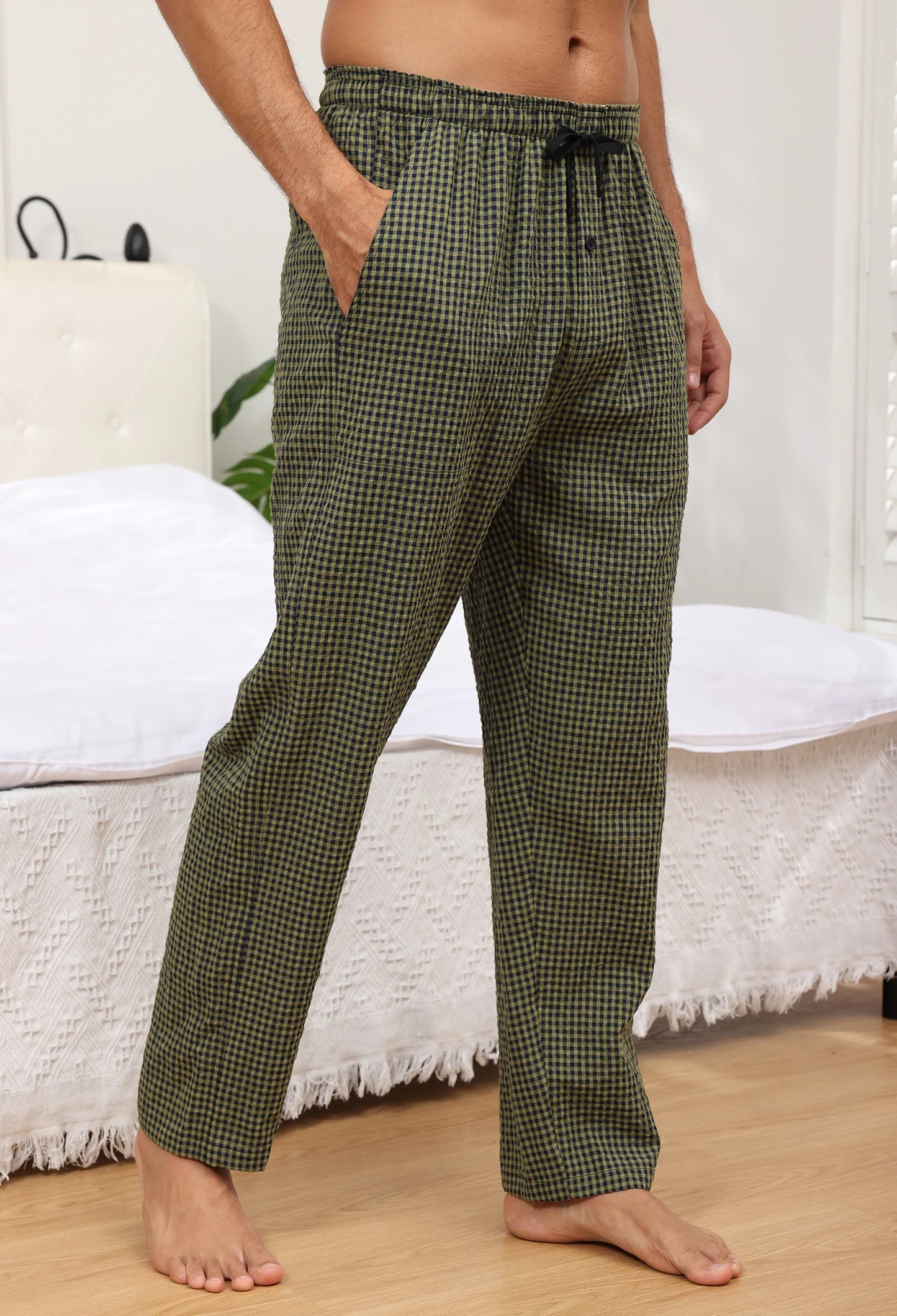Pyjama Homme 3 Pièces Coton Carreaux, Pantalon de Pyjama Long Carreaux avec Taille Élastique pour Homme