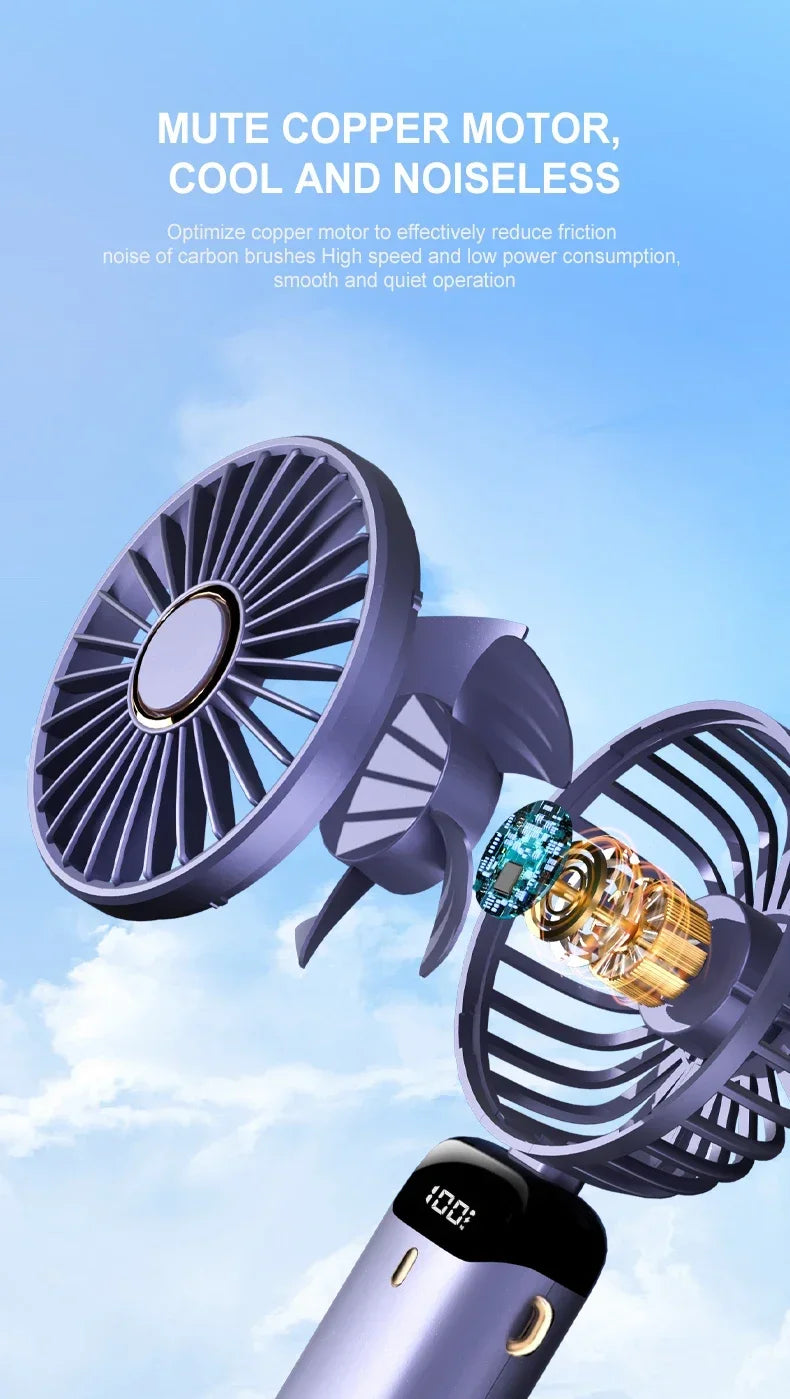Mini ventilateur portable 3000 mAh pliable, à poser sur un bureau, à suspendre autour du cou, 5 vitesses, rechargeable par USB, support de téléphone, écran d'affichage