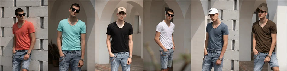 AIOPESON 5 PCS SET 100% COTTON V-neck T-shirts Men Casual Slim Fit Solid Color Summer T Shirt for Men Brand New Quality