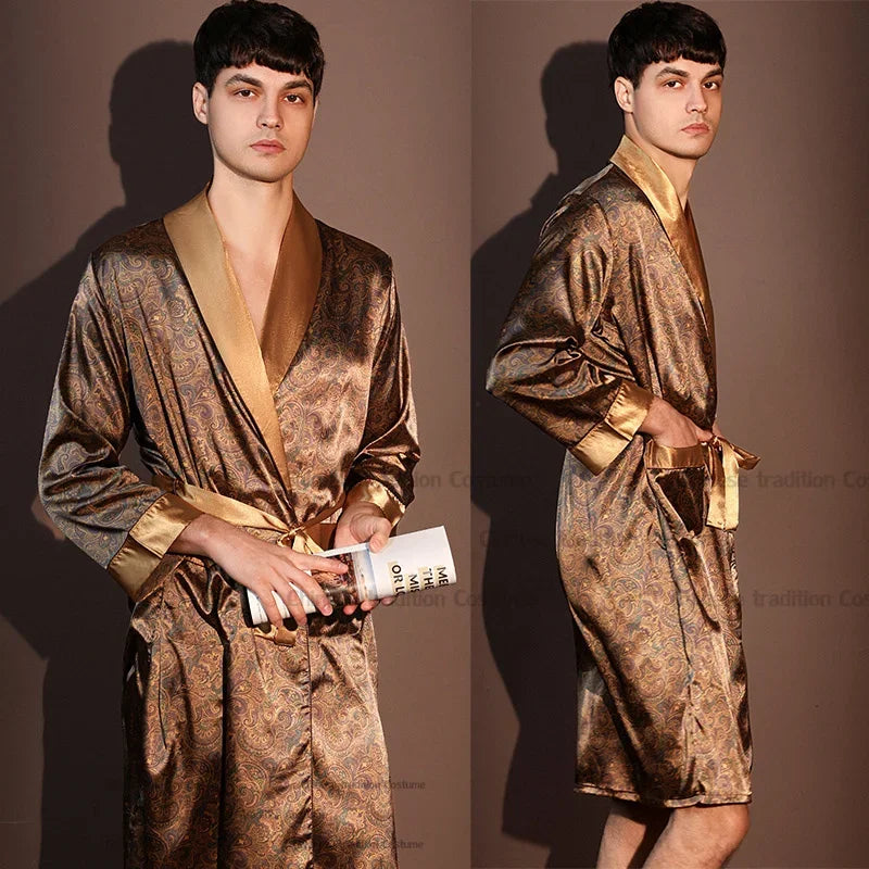 Peignoir d'été fin pour hommes, Robe de nuit de haute qualité, Peignoir une pièce, Vêtements d'intérieur masculins, Pyjama en soie glacée imprimé de grande taille pour homme, printemps