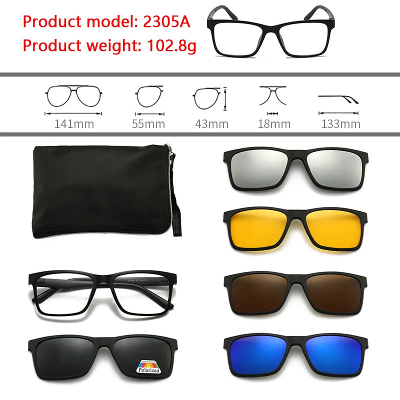 6 In 1 Polarized Sunglasses Men Women Magnetic Clip On Glasses TR90 Optical Prescription Eyeglass Frames Magnet Clips