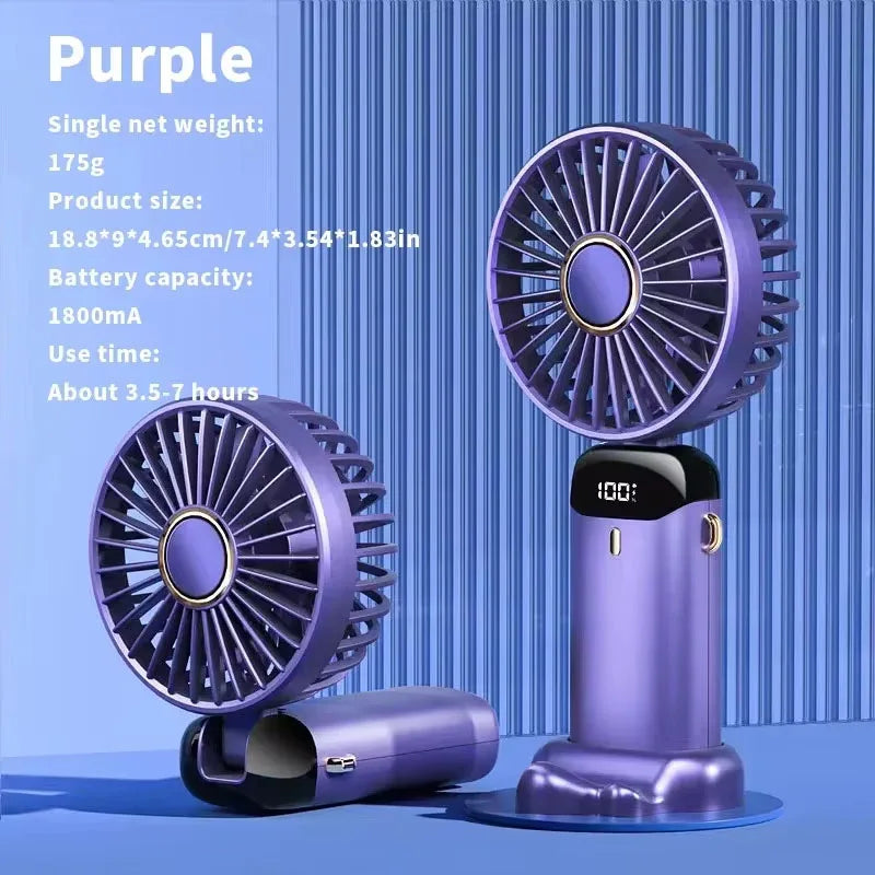 Mini ventilateur portable 3000 mAh pliable, à poser sur un bureau, à suspendre autour du cou, 5 vitesses, rechargeable par USB, support de téléphone, écran d'affichage