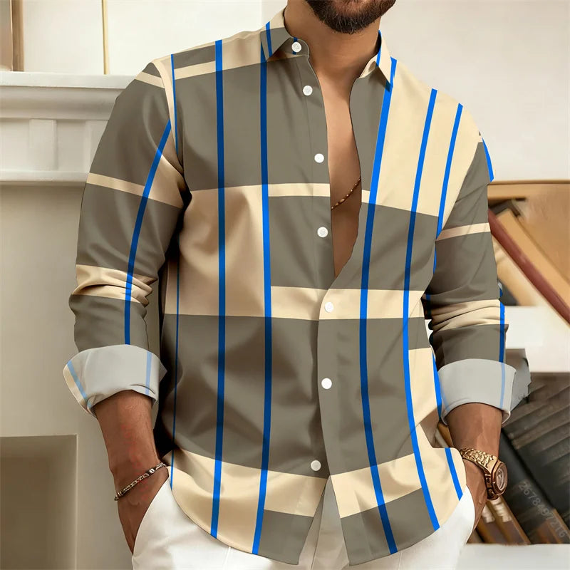 Chemise Homme à Rayures Color Block Manches Longues, Chemise Décontractée Business Style Rétro, Haut Tendance Homme Coupe Slim, Tailles S-6XL