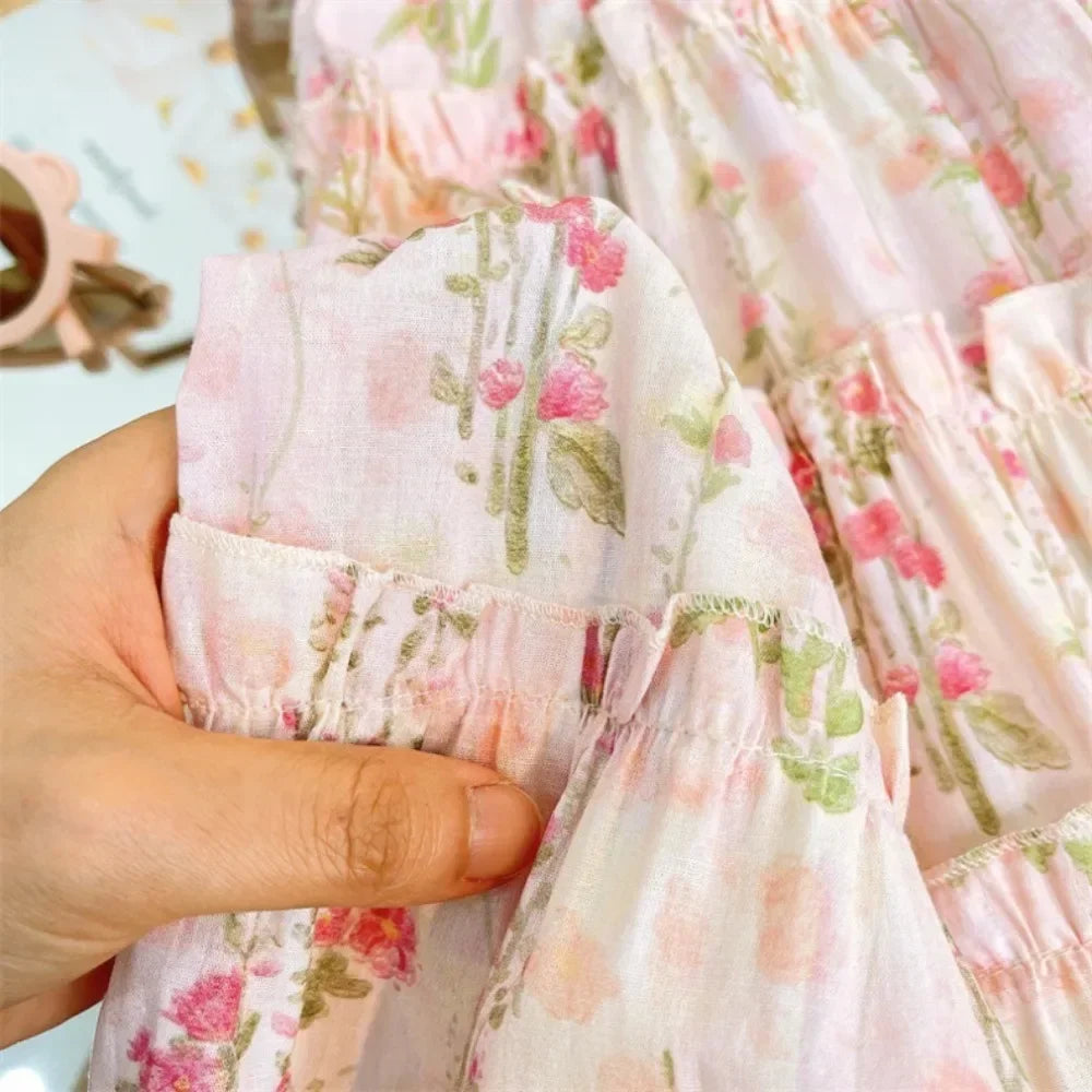 3-7 Years Old Summer New Princess Dress Pink Round Neck Sleeveless Lace Flower Print Girls' Casual Clothes Birthday Party Wear
