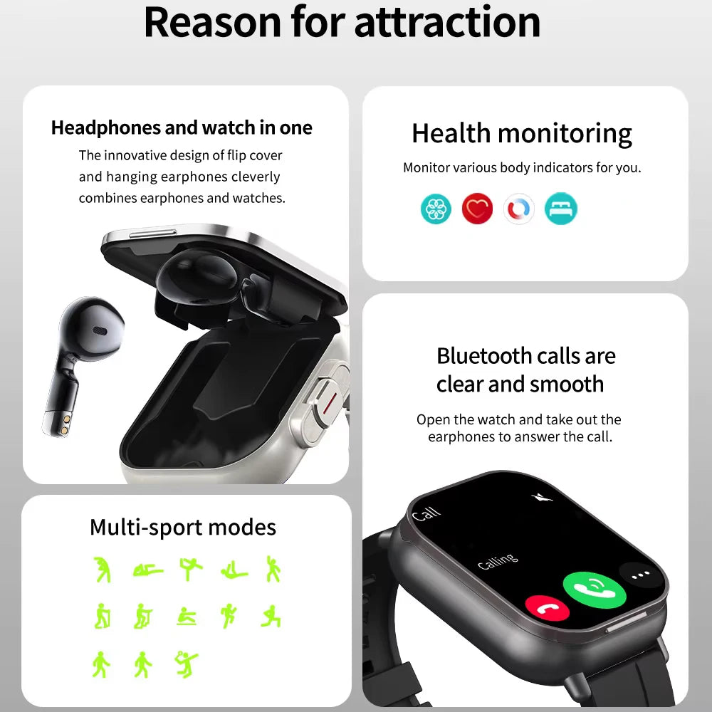 TWS Earphone Smartwatch 2.01" Headset 2-in-1 Smartwatch BT-Anruf Bluetooth Kopfhörer Uhren Herzfrequenz Sport Fitness Armband