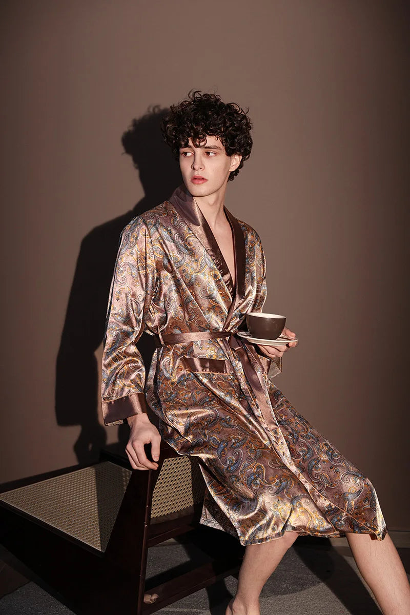 Peignoir d'été fin pour hommes, Robe de nuit de haute qualité, Peignoir une pièce, Vêtements d'intérieur masculins, Pyjama en soie glacée imprimé de grande taille pour homme, printemps