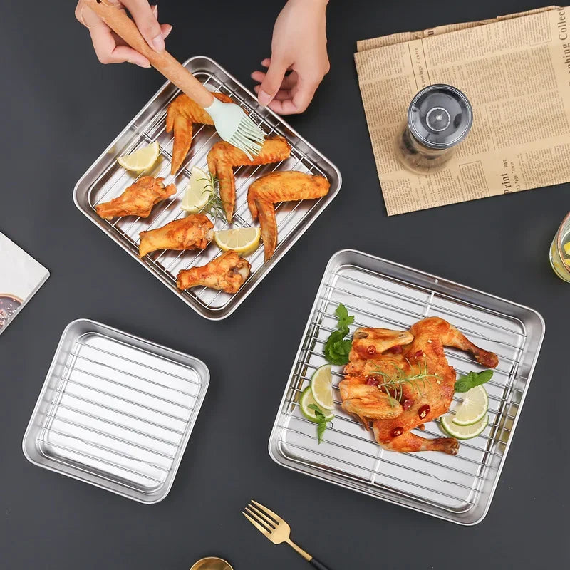 Square Stainless Steel Deepening Baking Tray Nonstick Cookie Bread Fruit Storage Plate with Grid Draining Dish Kitchen Utensils