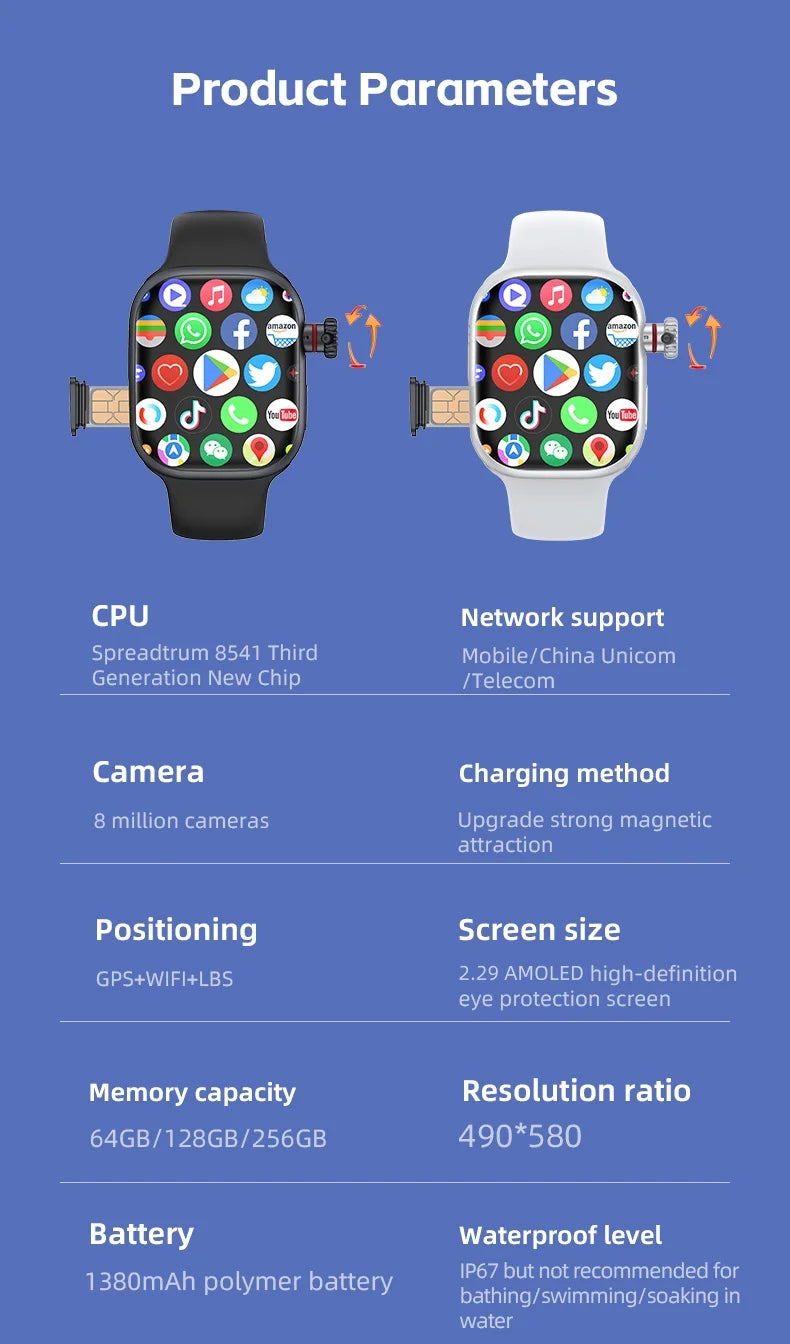 CD99 Uhr X 5G Smartwatch 2,29 Zoll AMOLED 5G LTE Smartwatch mit 180° drehbarer Kamera GPS WiFi SIM-Kartensteckplatz Gesundheitsüberwachung