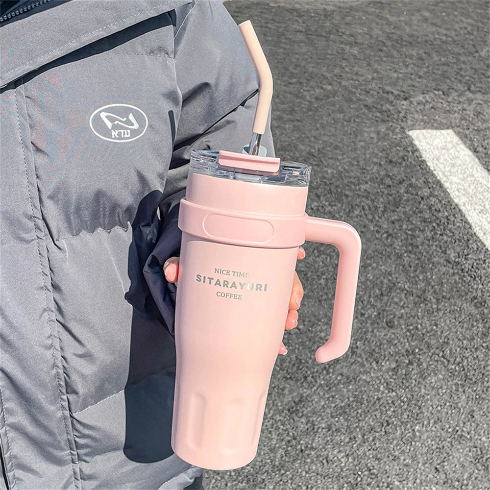 1 Stück Edelstahl-Eisbecher 1,14 Liter Isolierbecher mit Griff und Strohhalm Hält 24 Stunden kalt Auto-Isolierbecher Kaffee Wasser