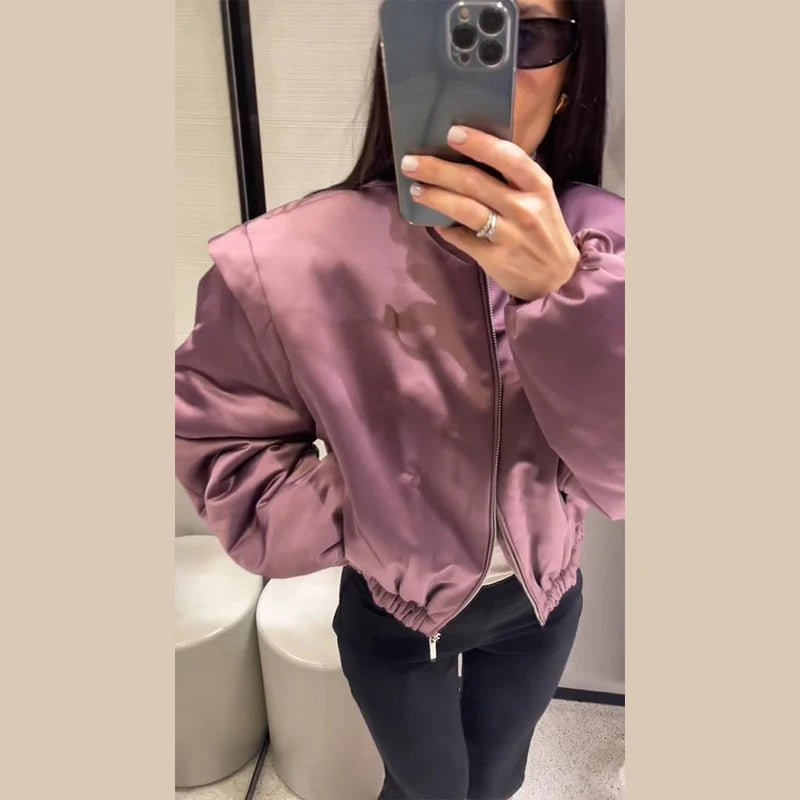 Fashion Y2K Satin Bomberjacke Damen Malve Puffärmel Cropped Reißverschluss Freizeit Jacke 2026 Frühling Lady Chic Street Mäntel Neu