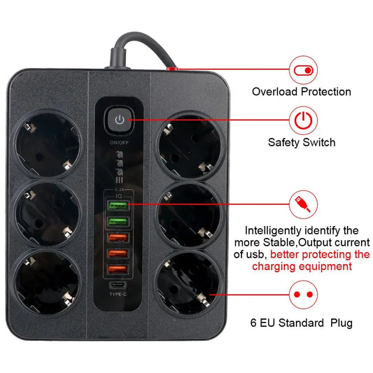 Mehrfachsteckdose mit Sicherheitsschalter für Büro und Zuhause, EU-Stecker, 3000 W, 2 m Kabel, Überlastschutz, USB Typ-C Anschlüsse