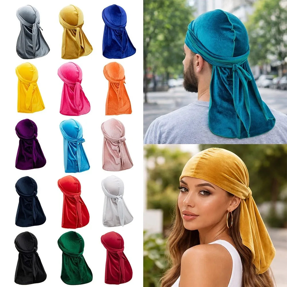 Nouveaux Durags en Velours Casquettes Longue Queue Chapeau Turban Respirant Bandeau Élastique Réglable Accessoires pour Cheveux
