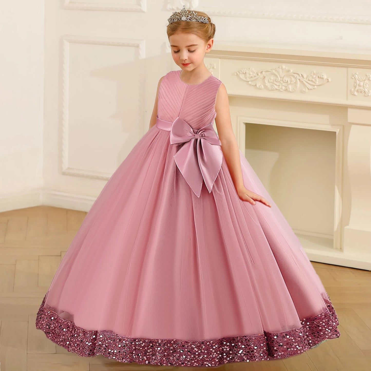 Fluffy Pailletten Brautjungfern Prinzessin Mädchenkleid Elegante Schleife Rosa Hochzeit Abschlussball Abend Kinder Partykleider für Mädchen Geburtstagskostüme