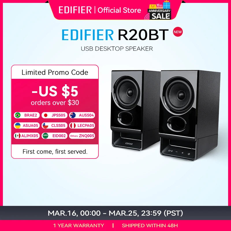 Edifier R20BT USB-Powered Speaker Bluetooth 6.0 Computer Speakers With Light Effects USB-C AUX Inputs