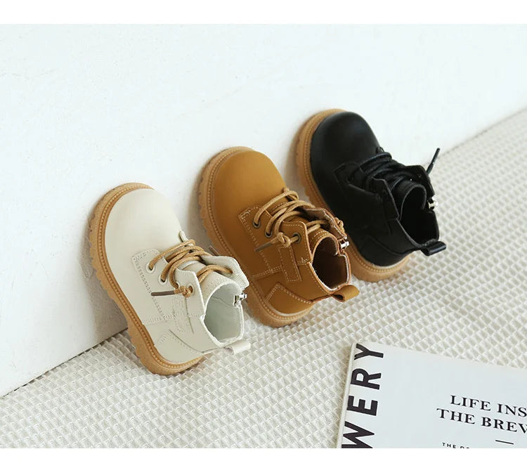 2024 New Spring/Autumn Baby Boots Leather British Style Boys Fashion Boots Rubber Sole Zip Side Toddler Girls Ankle Boots 15-25