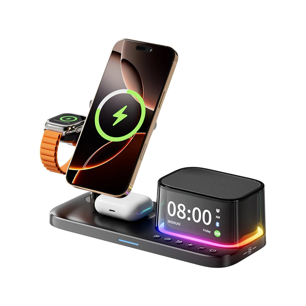 Support de charge sans fil rapide magnétique 5 en 1 Qi2.2 25W pour iPhone 17 16 Pro Max Magsafe Apple Watch et Galaxy Watch Galaxy S26 S25