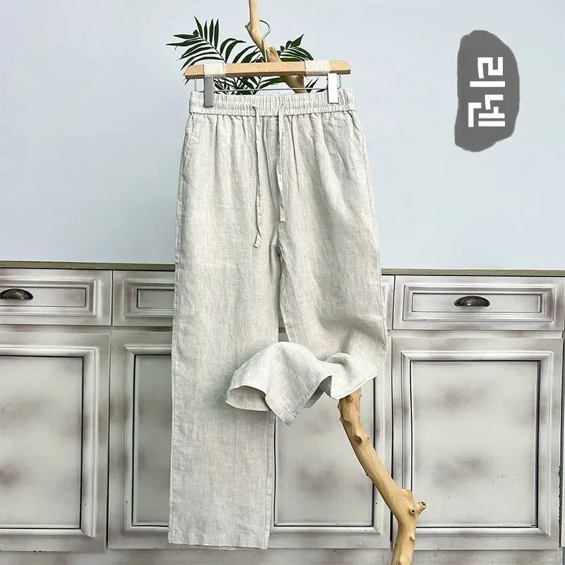 Hochwertige reine Leinenhose für Herren Sommer Baumwoll-Leinen Loose Straight Leg Freizeit lange Hose Frühling Herbst Bequem Atmungsaktiv