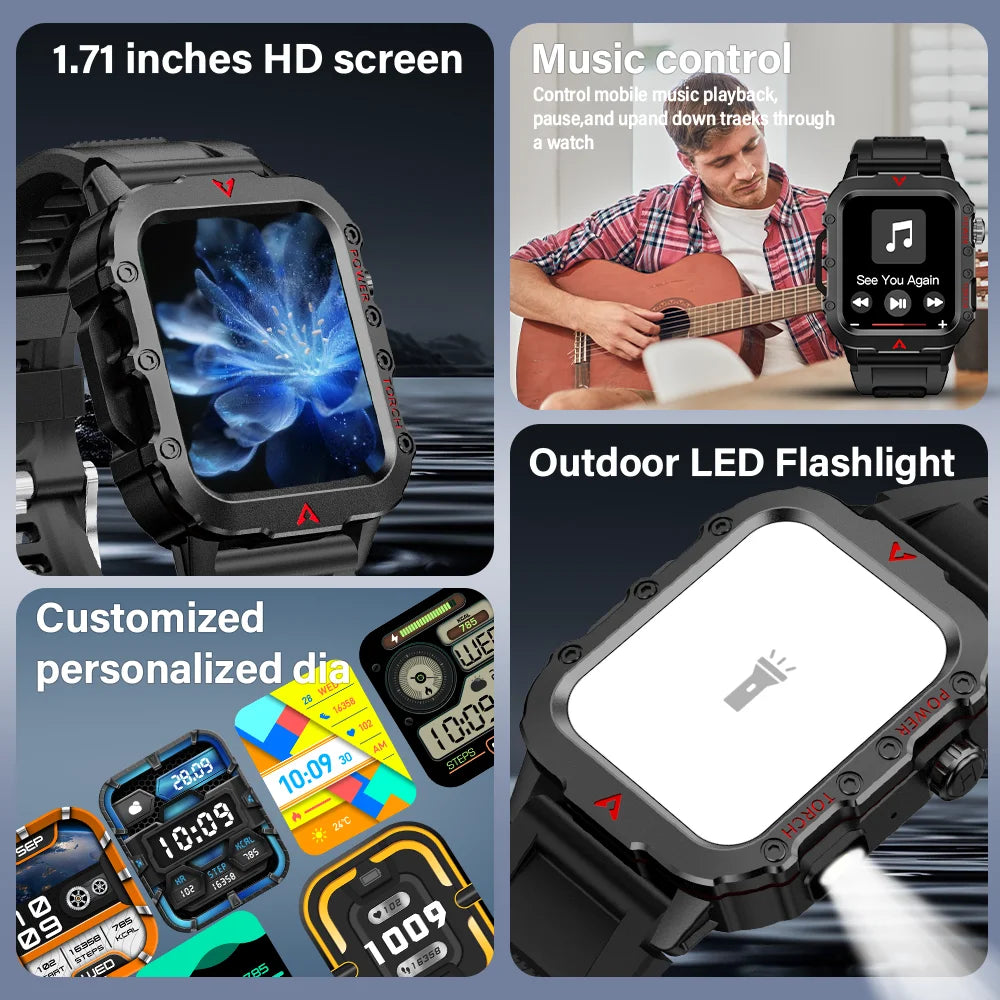 LAXASFIT Nouvelle montre intelligente pour homme Lampe de poche LED Montre intelligente de sport en plein air Surveillance de la santé Montre intelligente