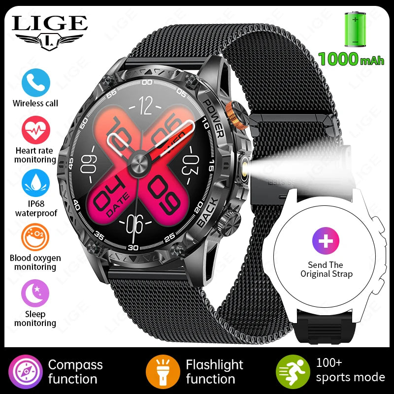 LIGE Nouvelle Montre Intelligente Militaire Hommes 1000mAh Batterie Super Capacité Bracelet Sportif Extérieur Moniteur de Fréquence Cardiaque Montre Connectée Étanche