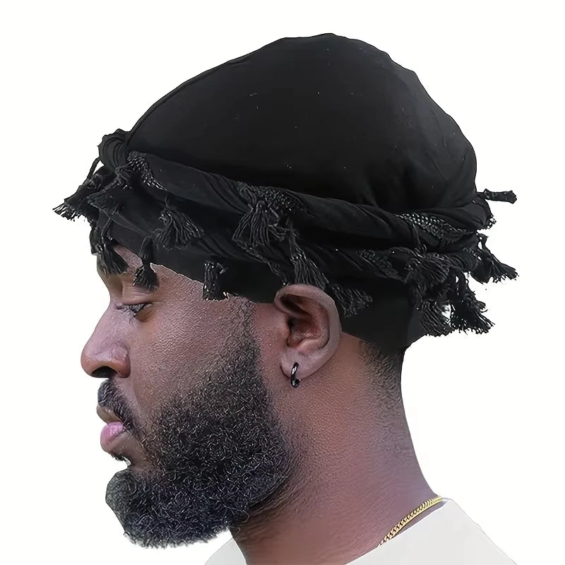Foulards à enrouler style "Twist" (turban) Durag avec pompon pour hommes - Noir, gris - Foulard turban à nouer - Accessoire cheveux pour garçons, collection 2026